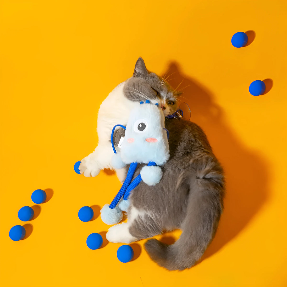 Mint coloured plush ring cat toy on a telescopic elastic rope with a bell inside the ring.