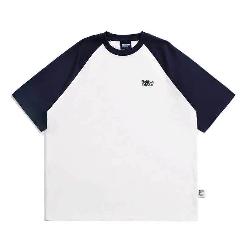 Men's blue Japanese-style raglan sleeve t-shirt with loose fit on hanger