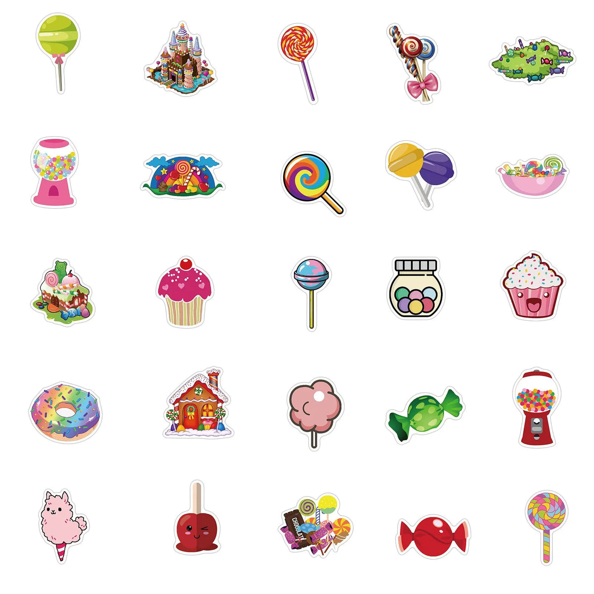 50 colourful candy series graffiti stickers with cartoon patterns measuring 4-6cm each