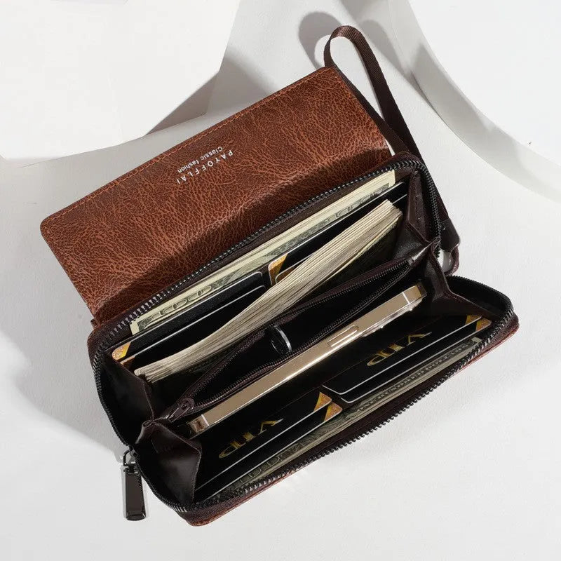 Men's brown PU bifold wallet with multiple card slots showing 19 cm length