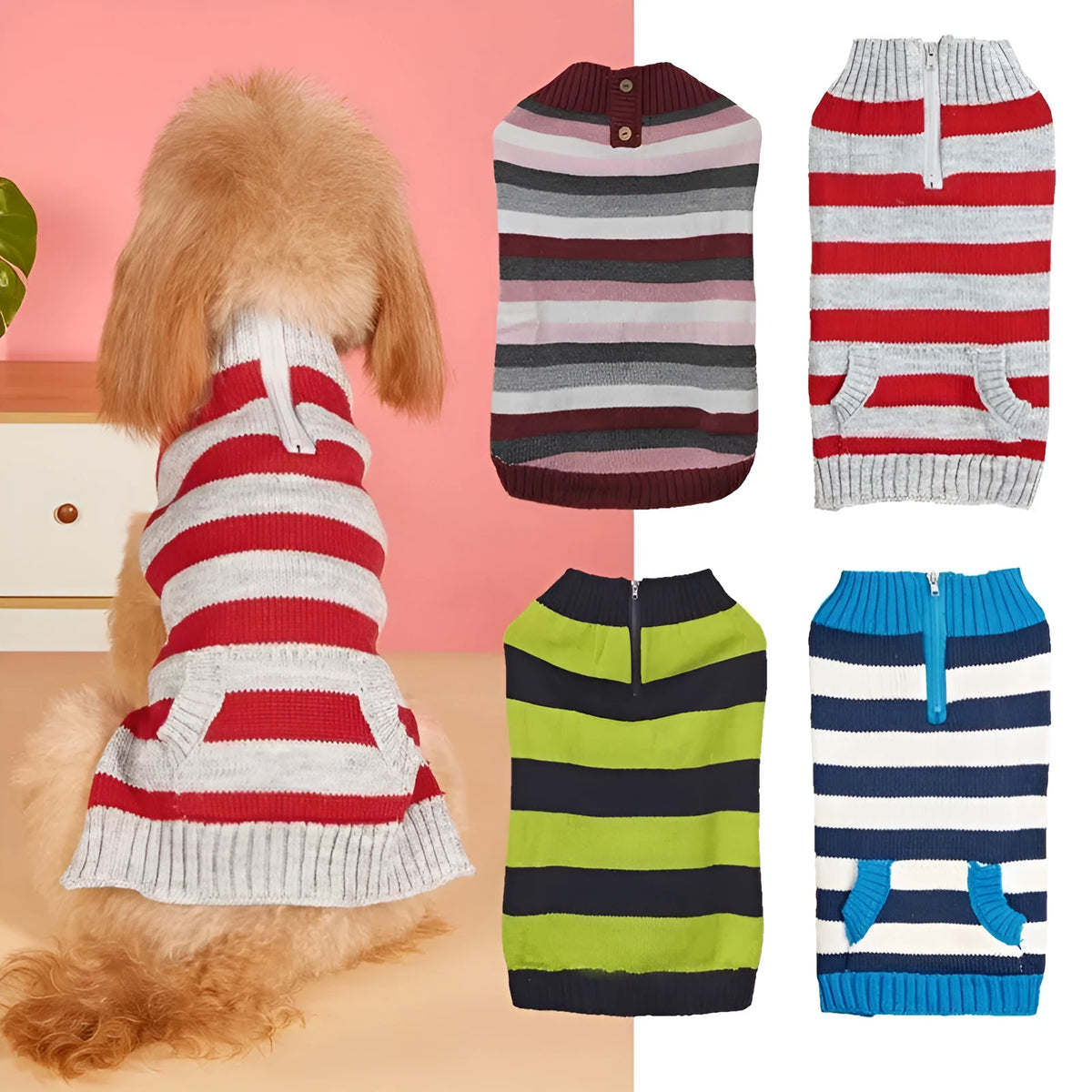 Grey dog sweater with horizontal zipper and button pocket for small to medium sized dogs