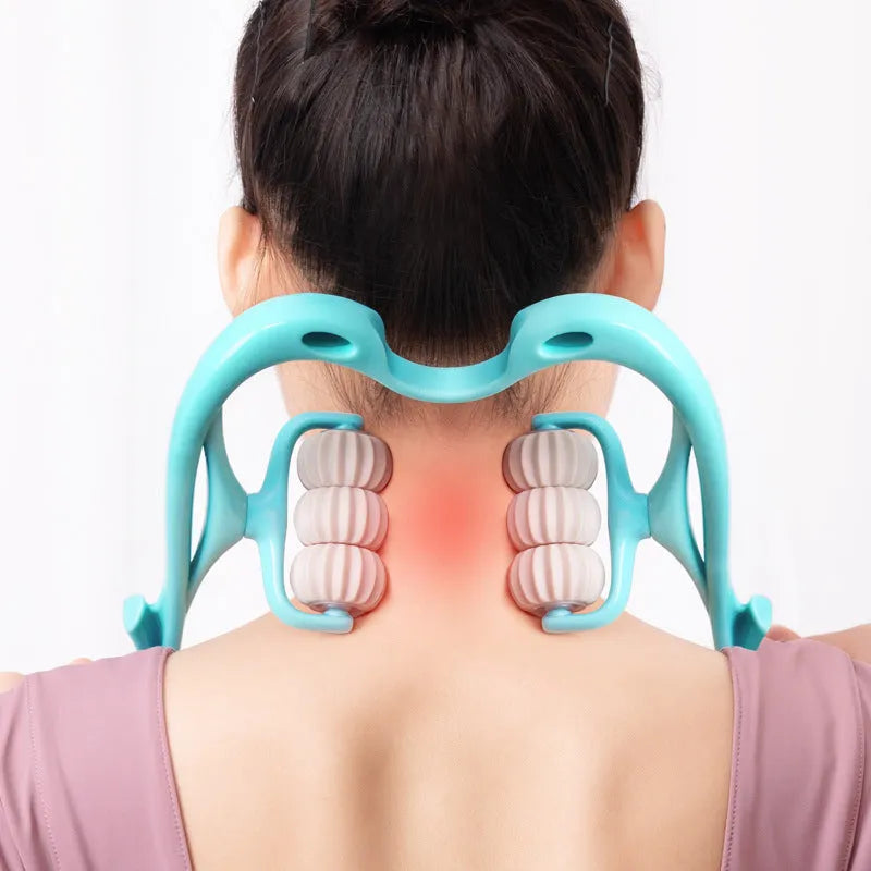 Blue plastic electric back massager with six rotating wheels for neck shoulder and lower back