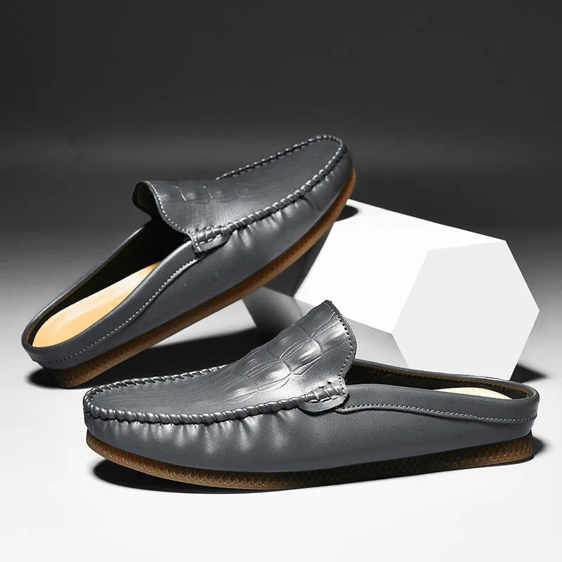 Men's black semi-slippers with a breathable artificial PU upper and a patterned rubber gommino sole.