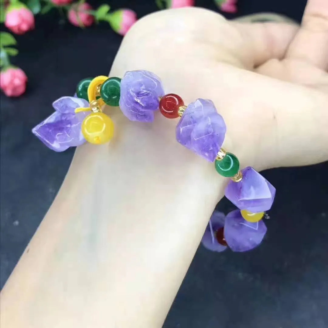 Purple amethyst bracelet with natural-shaped beads and fu character element detail