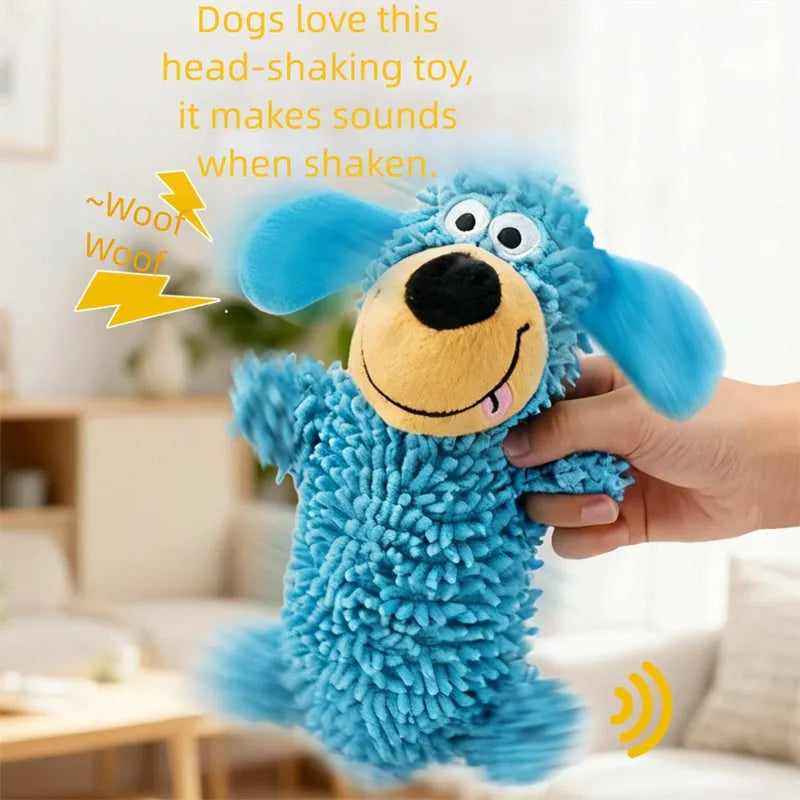 Blue plush dog-shaped squeaky toy for puppies and dogs, soft fabric with cheerful face
