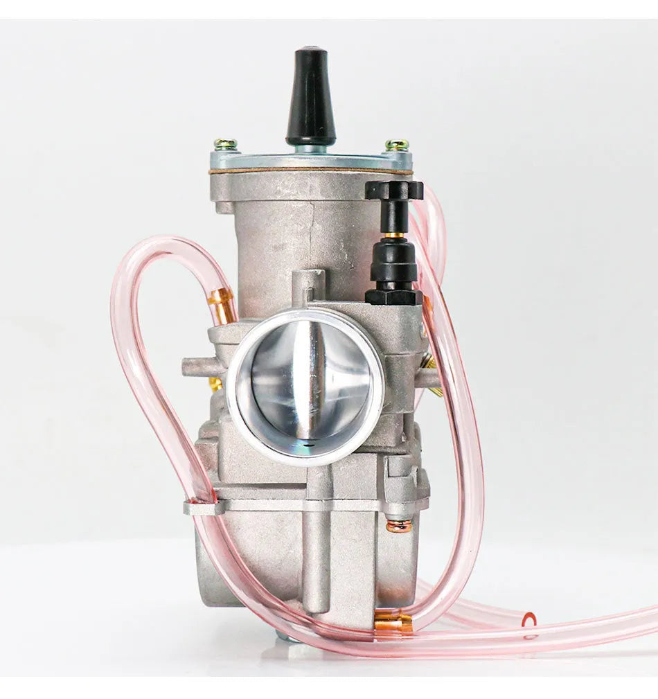 Sandblasted motorcycle carburettor with multiple bore size options for engine performance tuning.