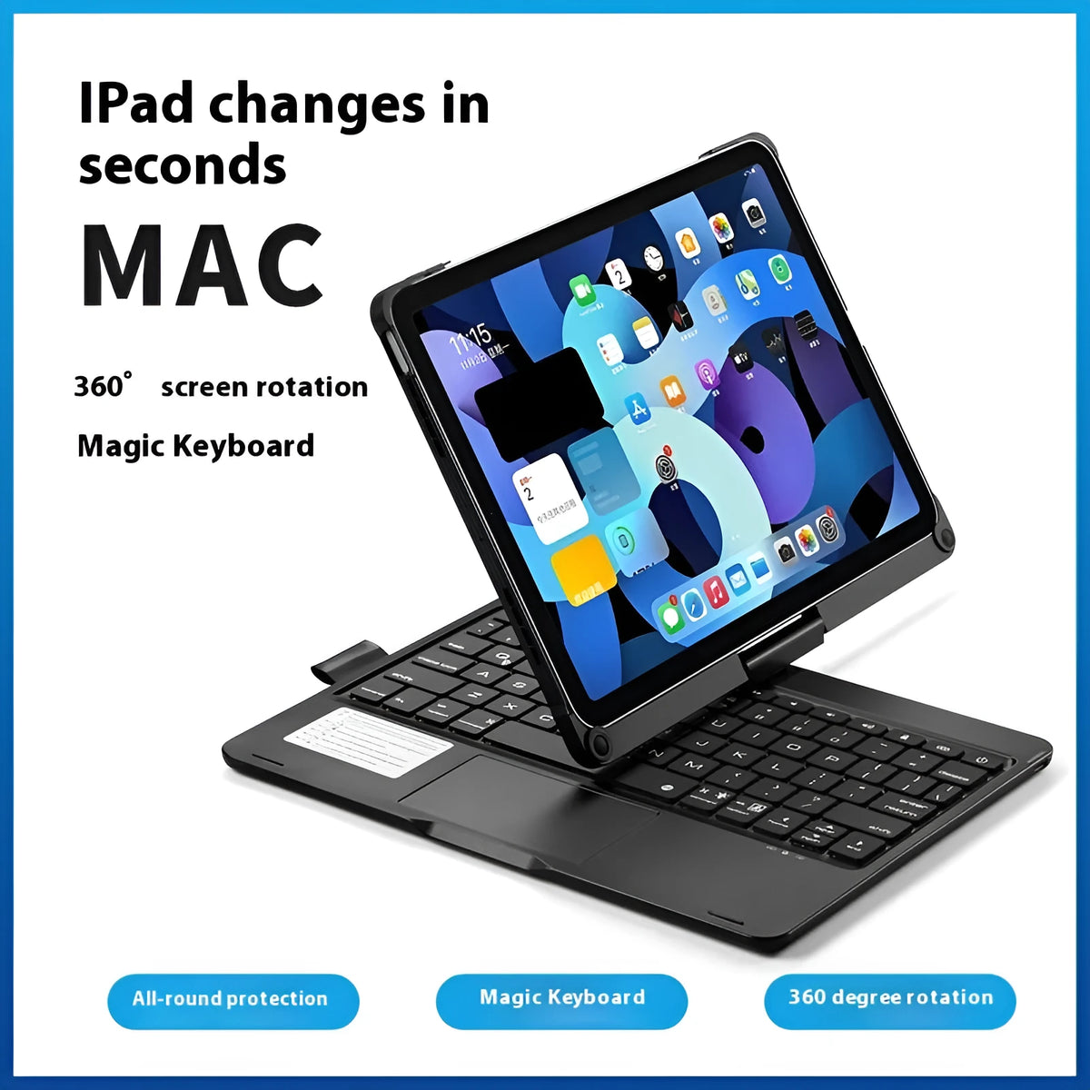 Miaocontrol Bluetooth keyboard with rotating stand for iPad showing rose gold, silver, and black colour options