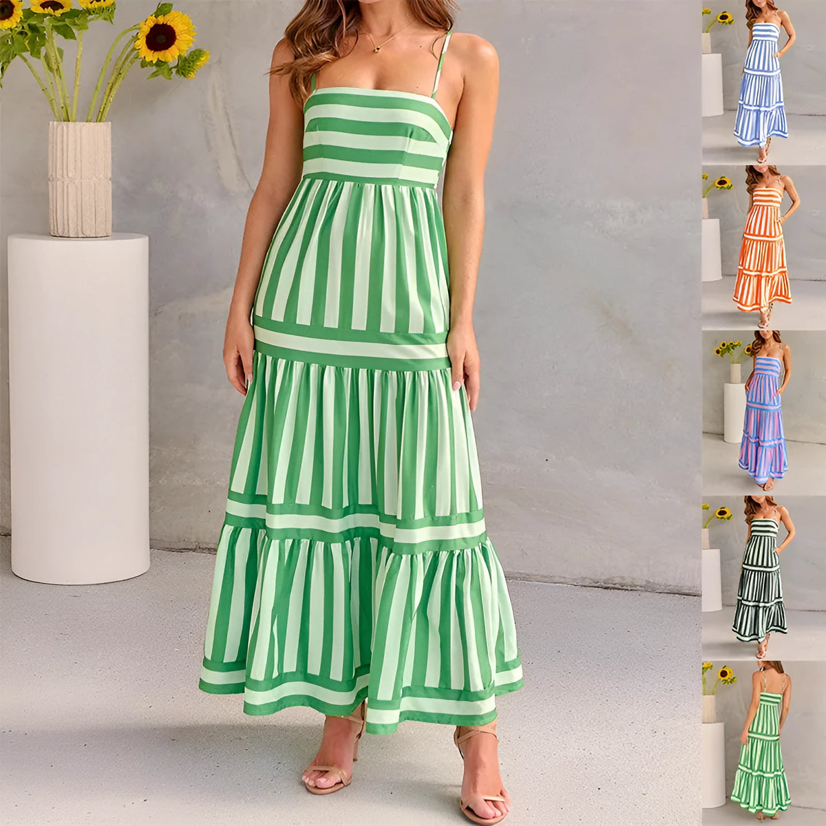 Women's striped summer dress with suspender straps, square neckline, side pockets and backless design