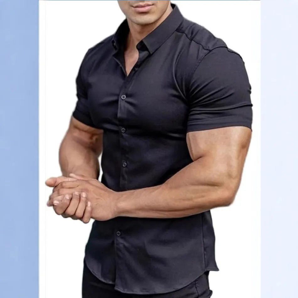 Men's short sleeve printed casual shirt with collar in cardigan style, available in multiple colours.