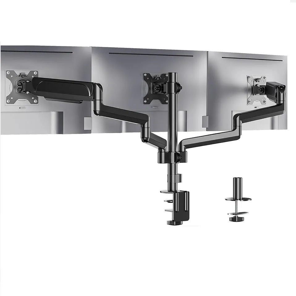 Black three-arm gas spring monitor mount for 27-inch computer screens with aluminium alloy construction