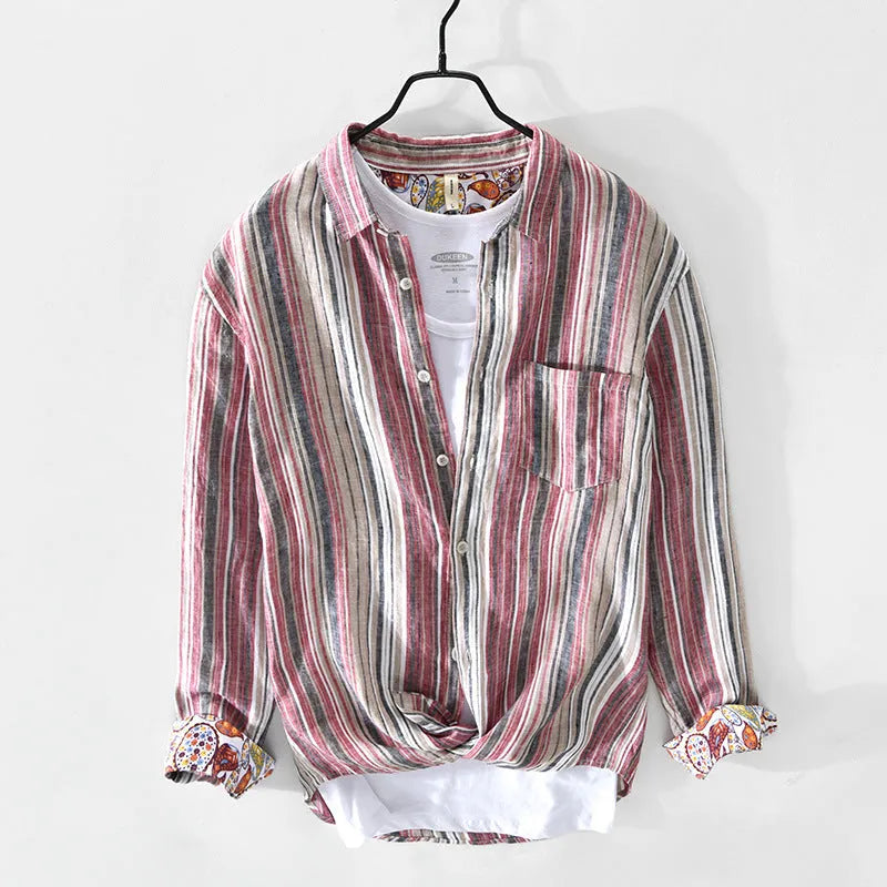 Men's striped linen shirt in red or grey colours with long sleeves and loose fit