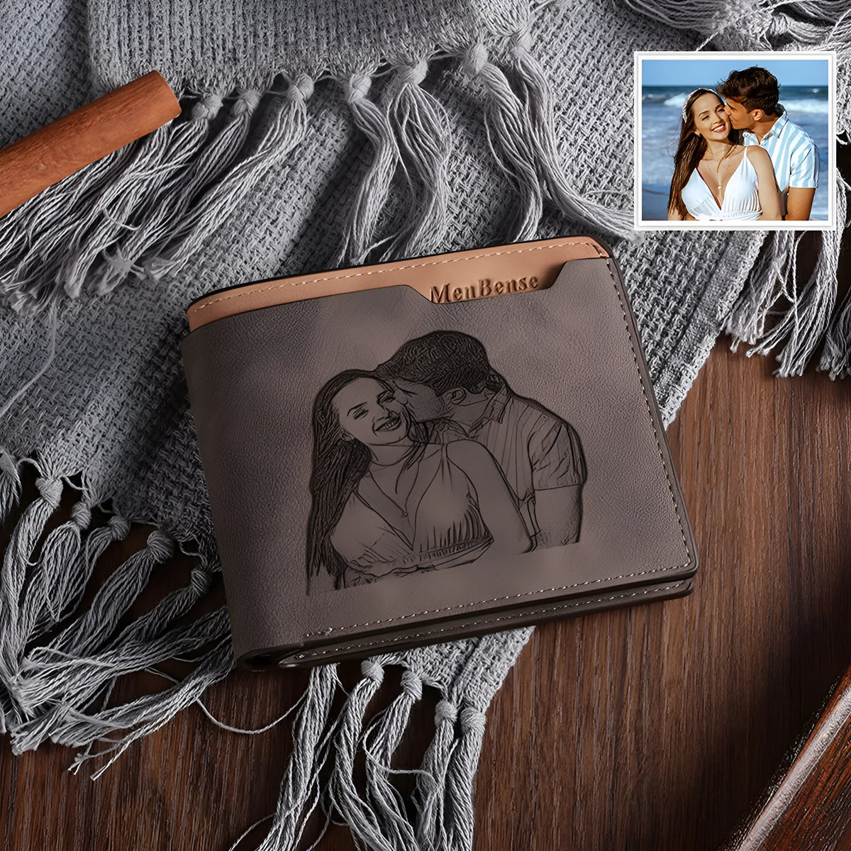 Engraved horizontal short wallet in coffee PU leather showing custom text, measuring 120x99x25mm