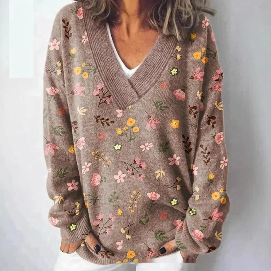 Women's V-neck sweatshirt with 3D floral pattern print in wool woven fabric