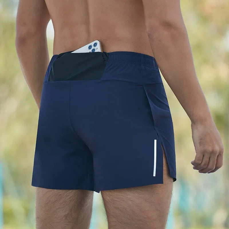 Men's black off-road running shorts with quick-drying fabric and high waist design for marathon running