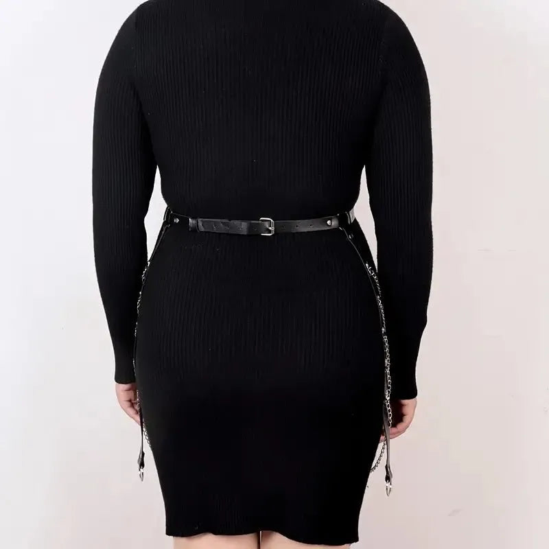 Black PU leather bandage style waist chain with silver metal links for adult female fashion.