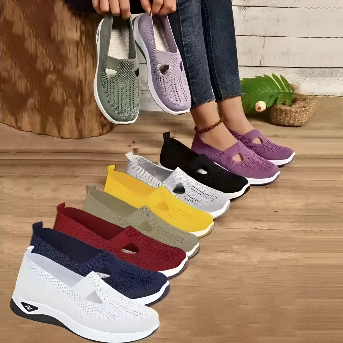 Women's low-top casual mesh shoes with a T-strap and soft PVC sole, shown in multiple colours.