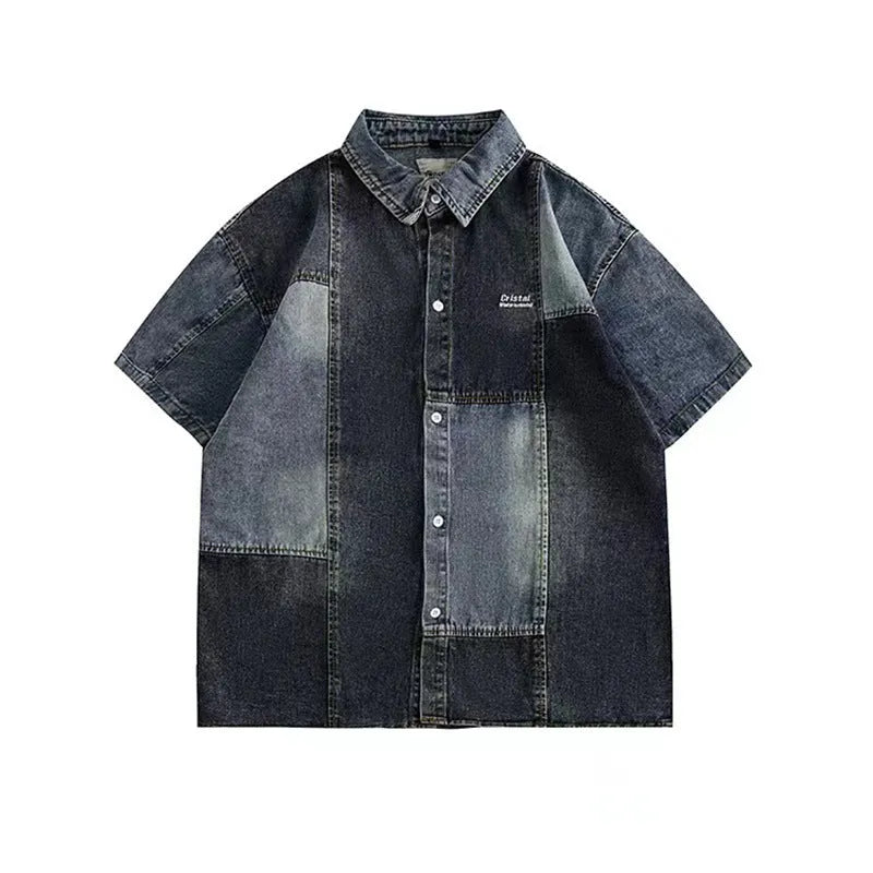 Blue Japanese-style retro washed denim shirt with loose cardigan fit and stitching detail