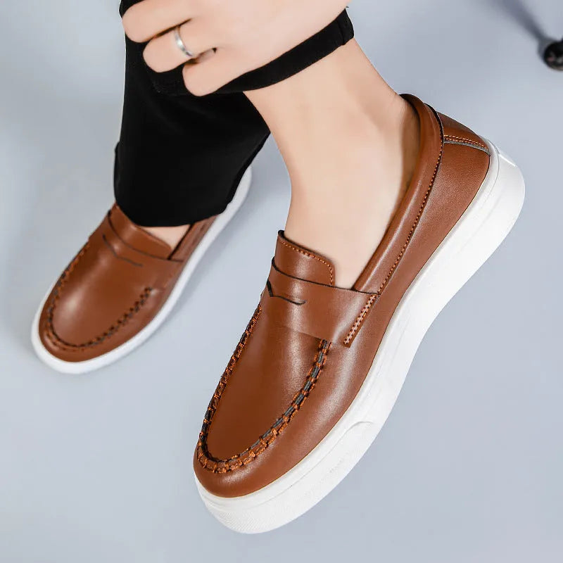 British style round toe casual shoes in PU leather, shown in white, black and white, and khaki colours.