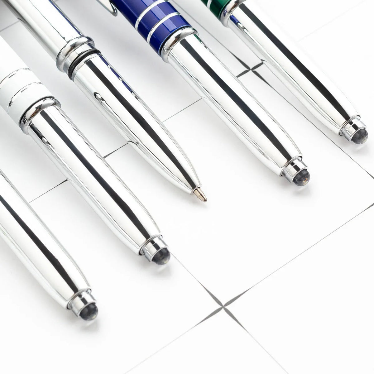 Metal multifunctional pen with capacitive stylus tip, LED light, and ballpoint writing in five colour options