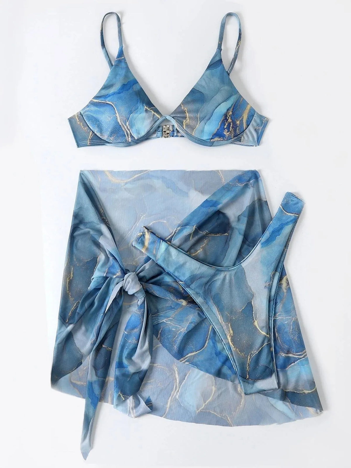 Marble printed 3-piece bikini swimwear set showing bra, skirt and panties in summer colours