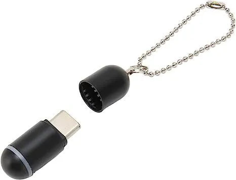 Black capsule infrared universal remote control showing lightning, type-c and micro-usb interface options
