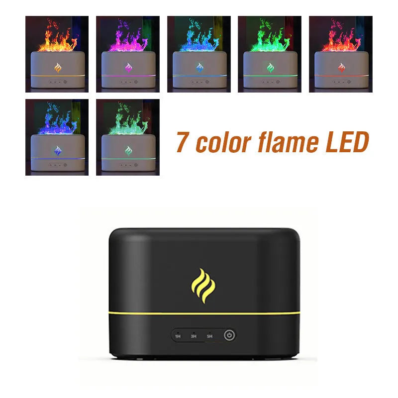 USB-powered aroma diffuser humidifier with seven-colour simulated flame effect showing mist output
