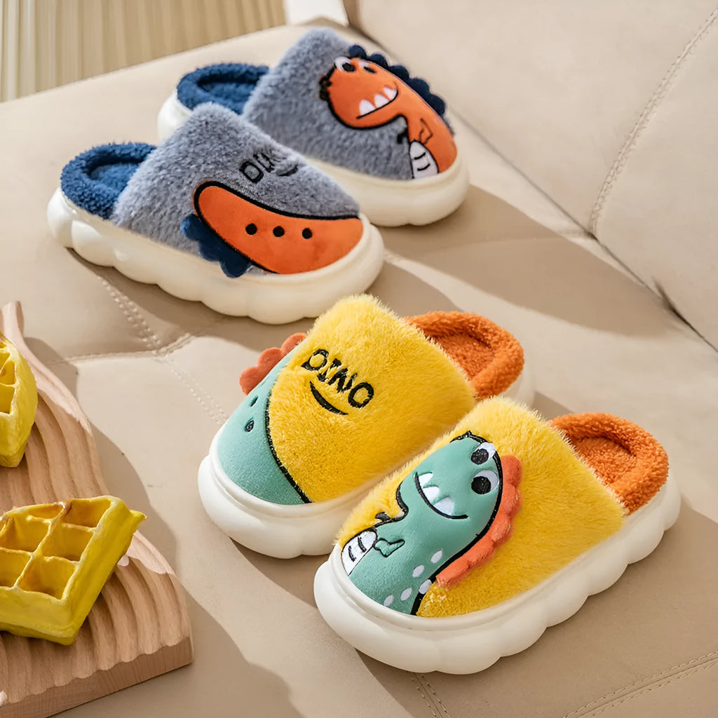 Cotton plush dinosaur pattern couple slippers in grey, coffee and orange colours