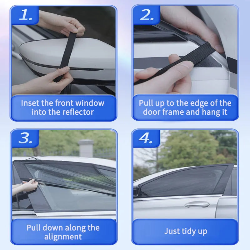 Set of four elastic-fit non-woven mesh sunshades for car front and rear side windows.
