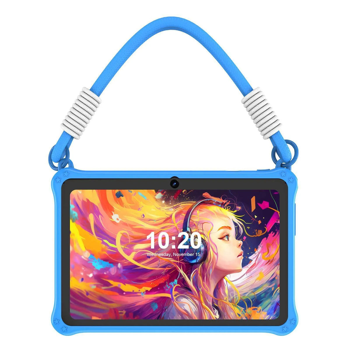 Dark pink silicone protective case with strap for a 7-inch children's tablet lying flat.