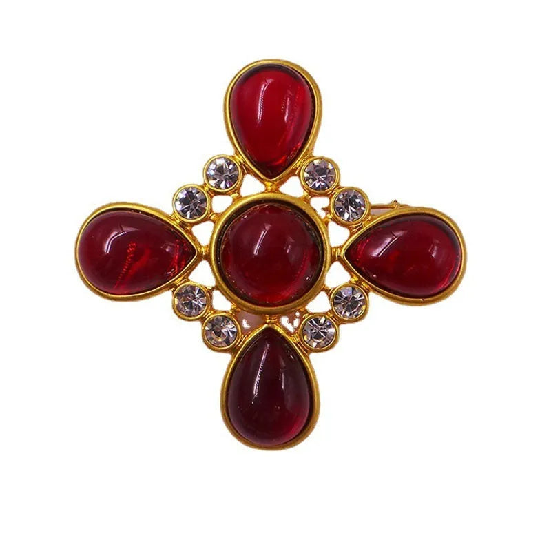 Vintage medieval baroque cross crystal brooch in zinc alloy showing eight colour style options