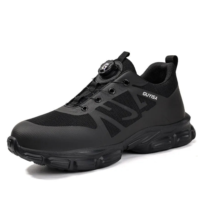 Black lightweight safety shoes with steel toe cap and Flyknit fabric upper
