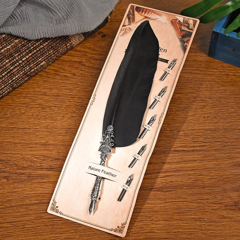 Vintage zinc alloy feather dip pen in retro style measuring 30 cm long