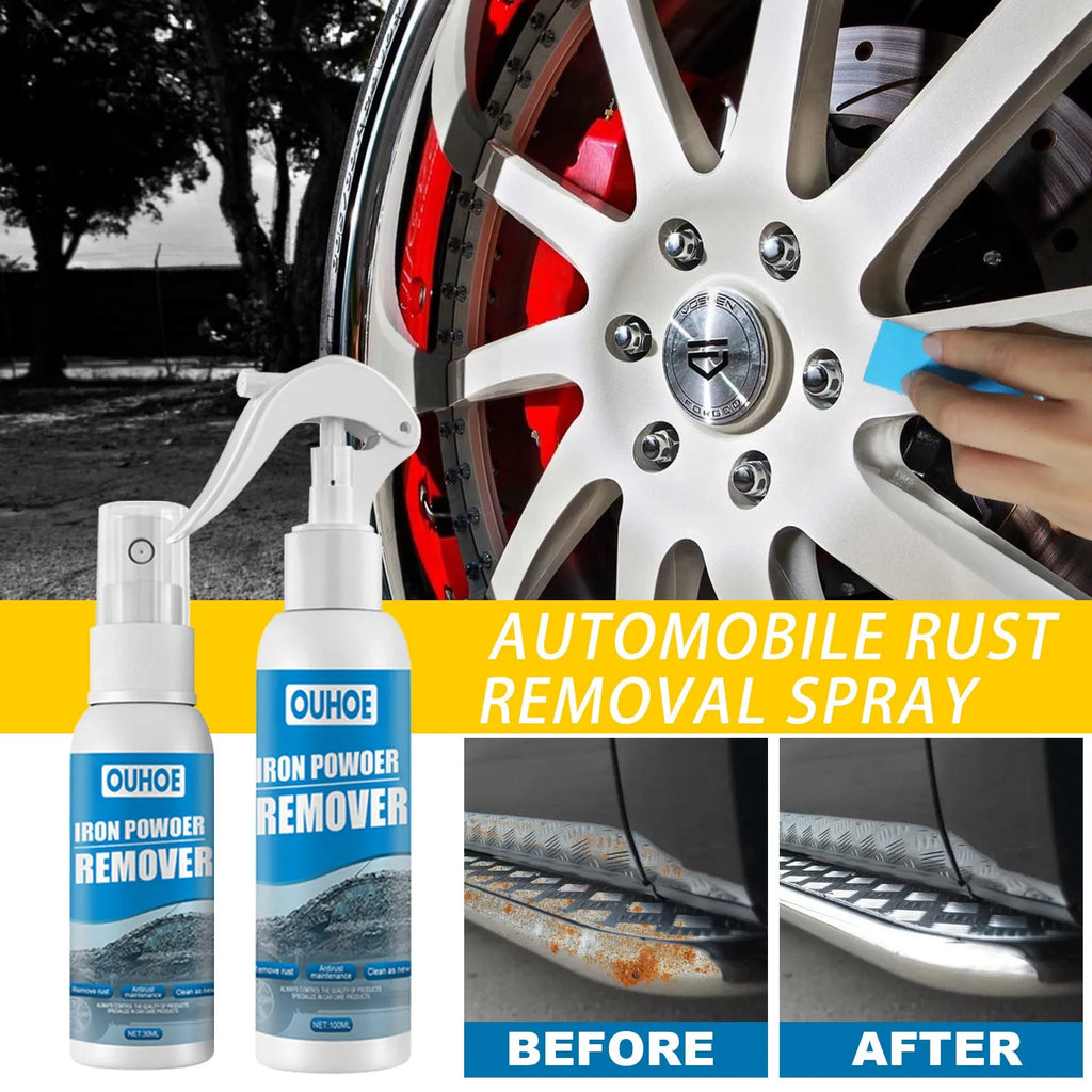 Automotive iron powder rust remover spray with blue square sponge and towel applicator options