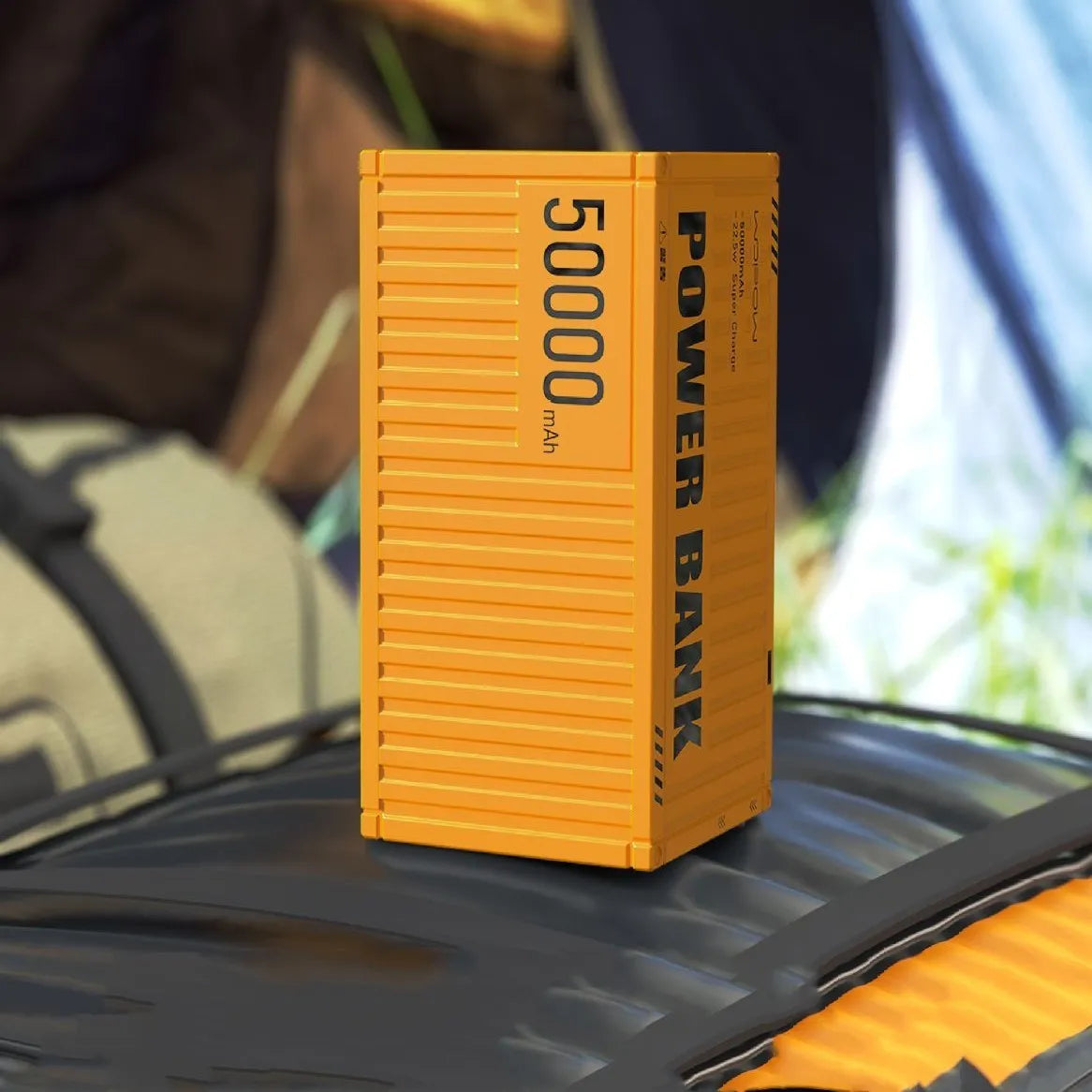 Yellow, black, and silver 50000mAh digital display power bank with five output ports
