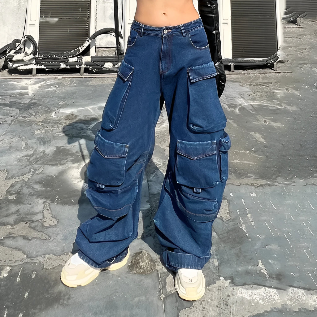 Distressed dark blue wide-leg workwear jeans with multi-pocket design and high waist