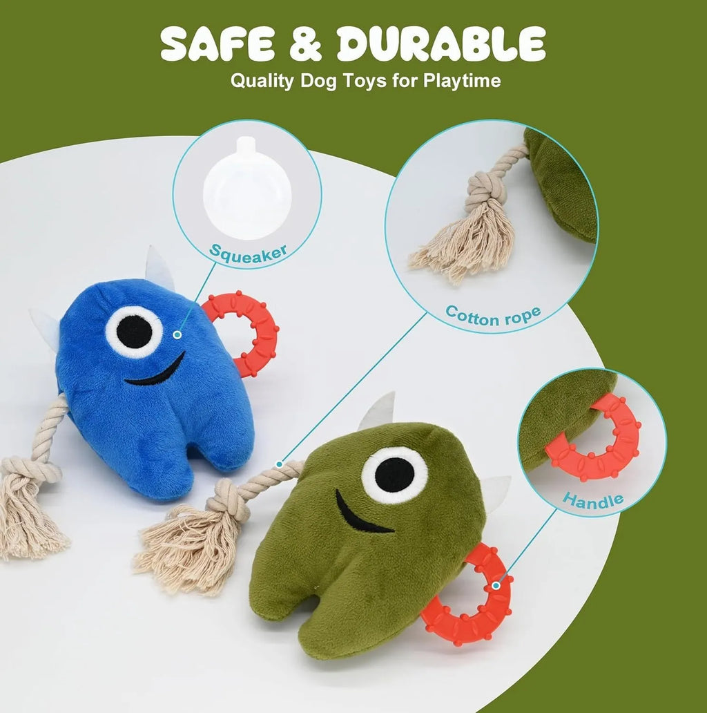 Blue and green monster-style dog toy with plush body and woven rope sections.
