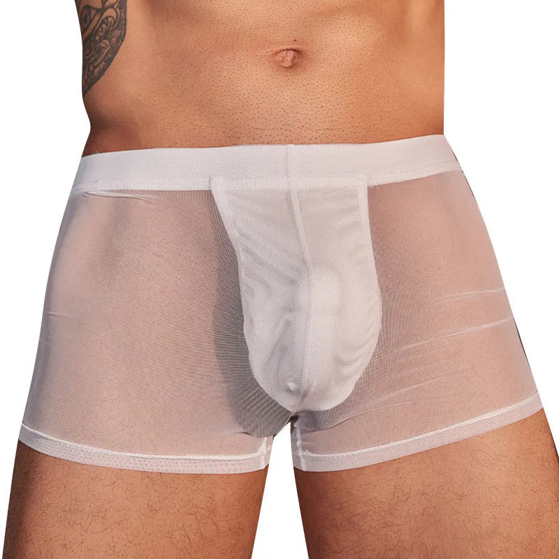 Men's ultra-thin black and white nylon boxer briefs laid flat showing free size.