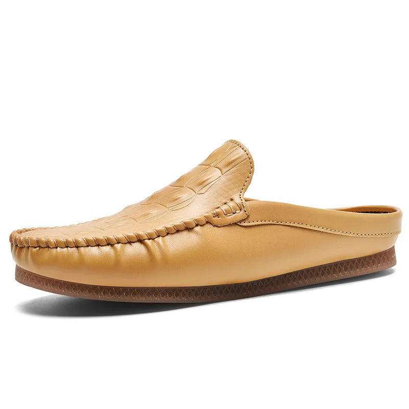 Men's black semi-slippers with a breathable artificial PU upper and a patterned rubber gommino sole.