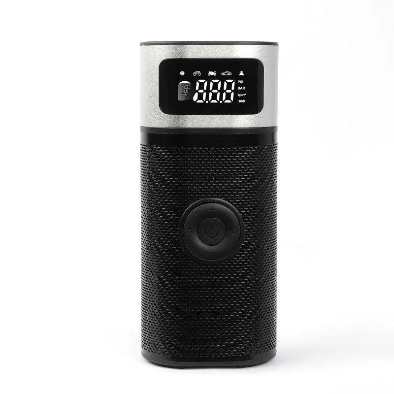 Black portable wireless car tyre air pump with LED light and USB charging cable