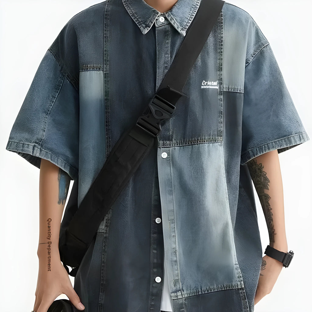 Blue Japanese-style retro washed denim shirt with loose cardigan fit and stitching detail