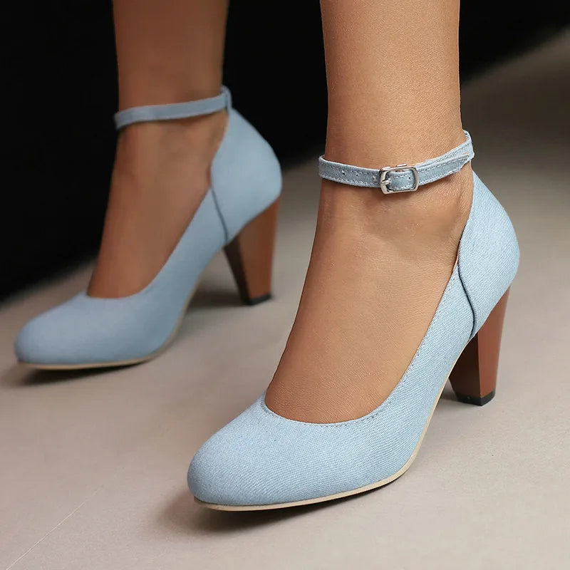Women's blue denim platform high heel shoes with buckle fastening and round toe