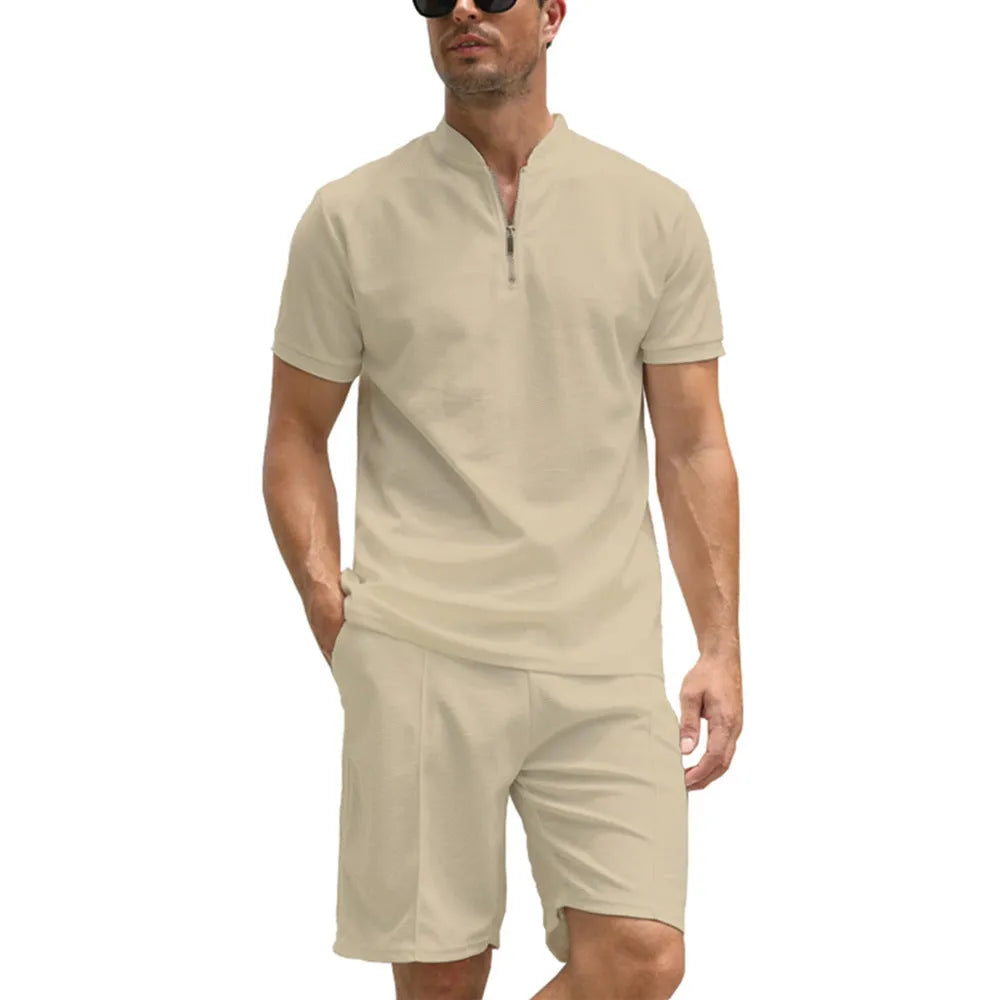 Men's solid colour polo shirt and trousers two-piece suit set on a hanger