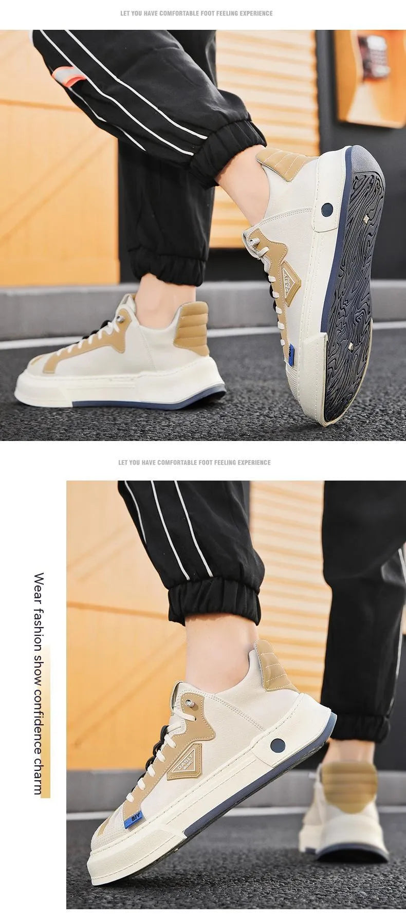 Men's beige low-top sneakers with elastic band fastening and round toe design