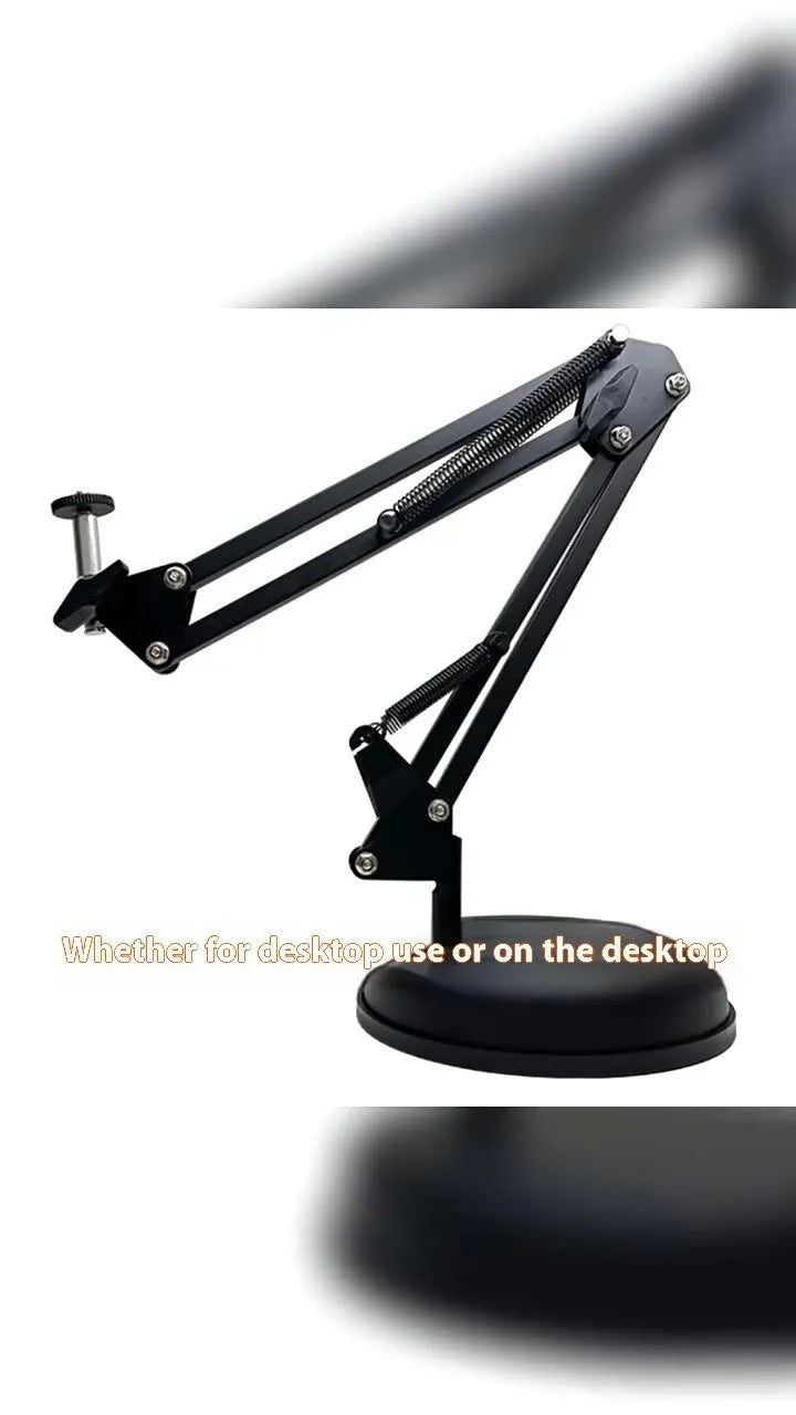 Black foldable metal desktop bracket holding tablet at adjustable angle