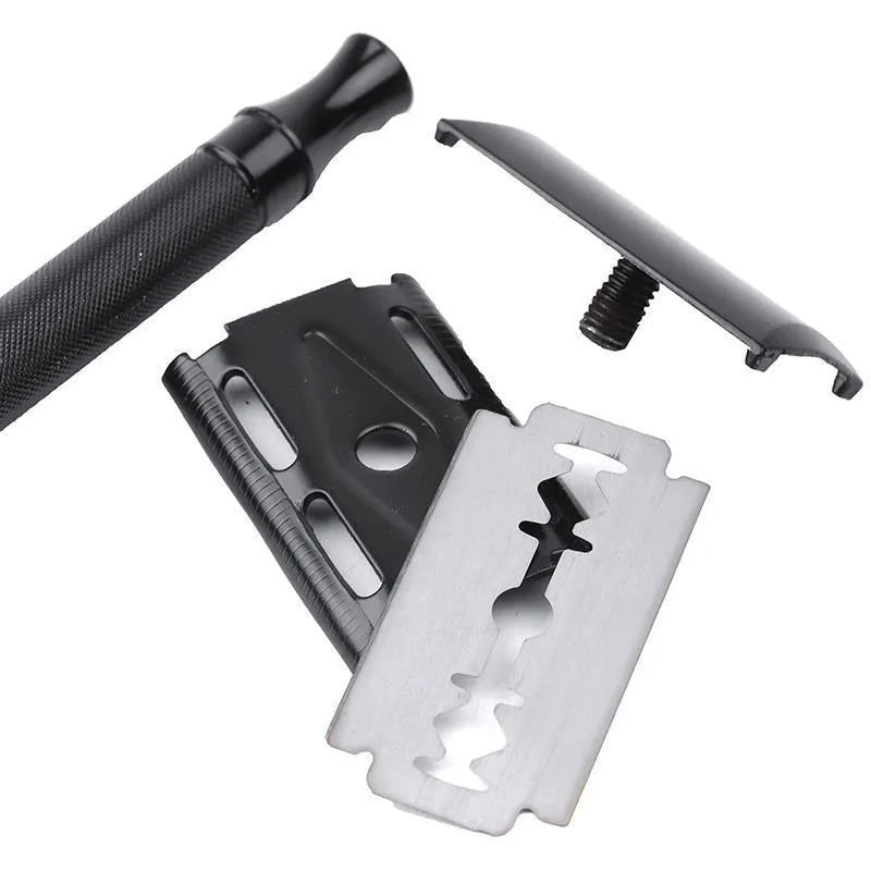 Old-fashioned manual metal shaver and brush set for traditional wet shaving, shown in black and silver options.
