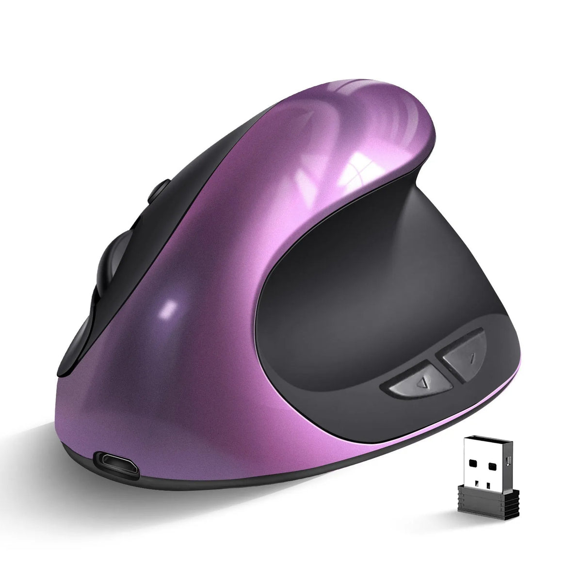 Black vertical ergonomic mouse shown from the side, highlighting its angled grip design.