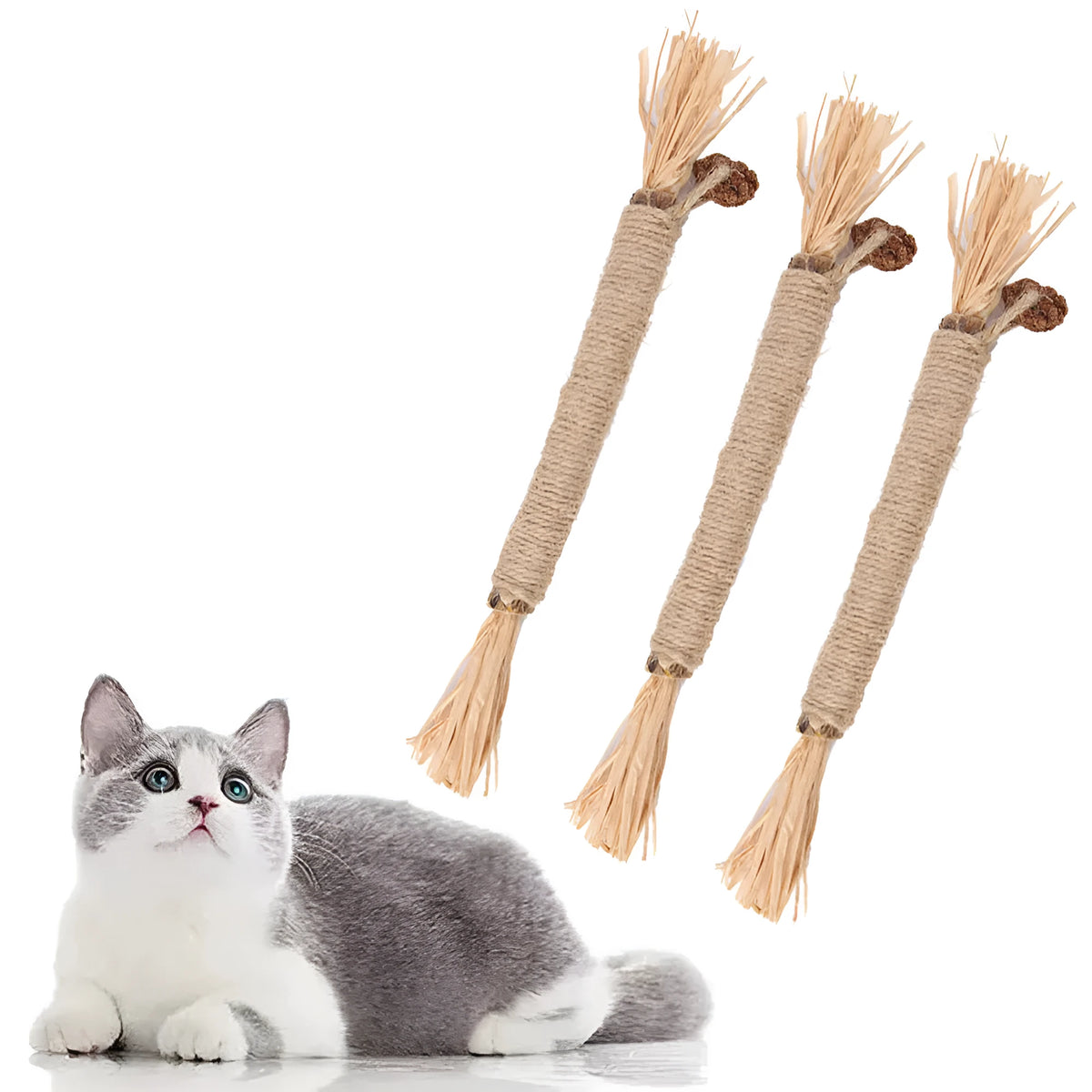 Three natural silvervine chew sticks for cats on a plain background, showing thick and fine diameter options.