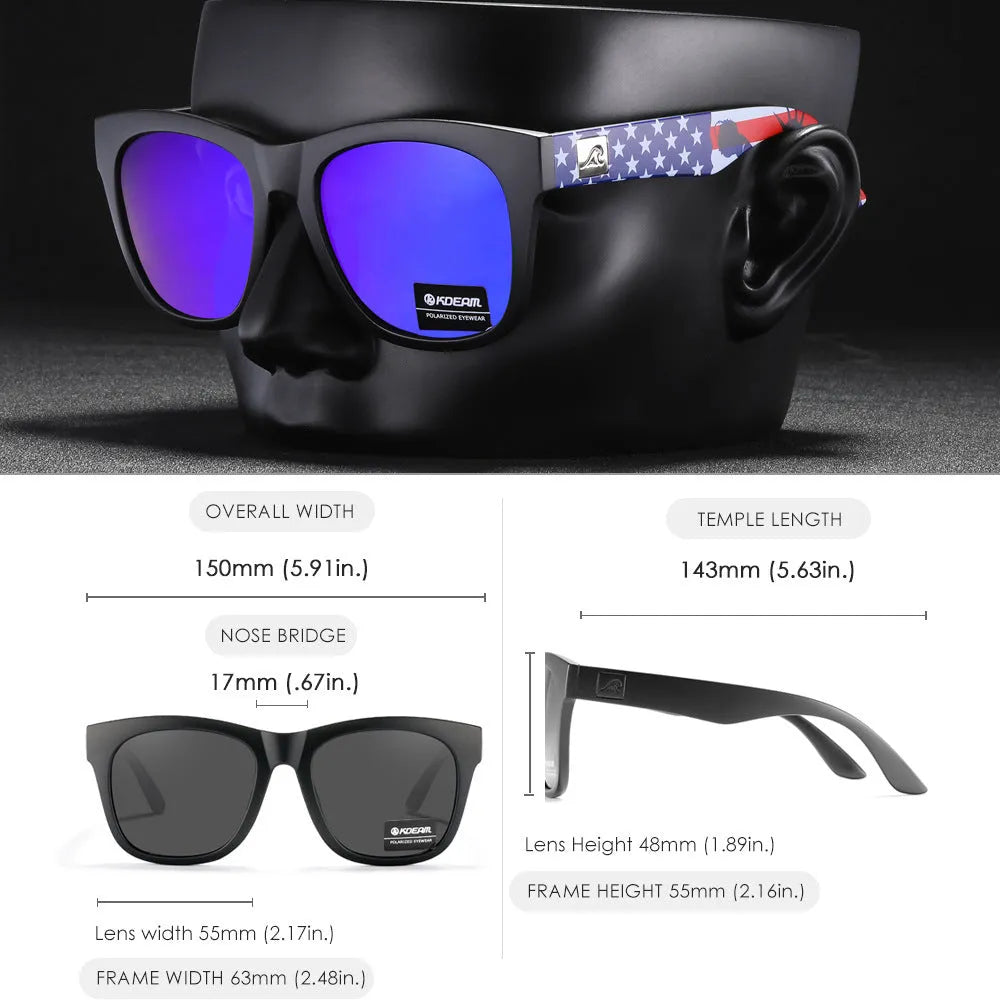 Polarised sunglasses with a polycarbonate frame and TAC lenses for outdoor UV protection.