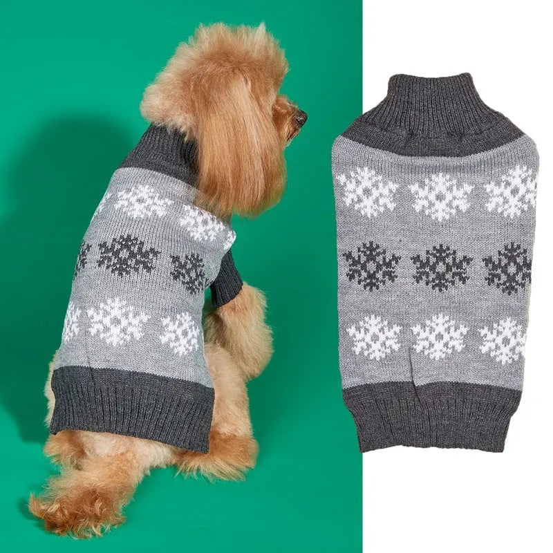 Grey dog Christmas sweater with snowflake pattern on small dog