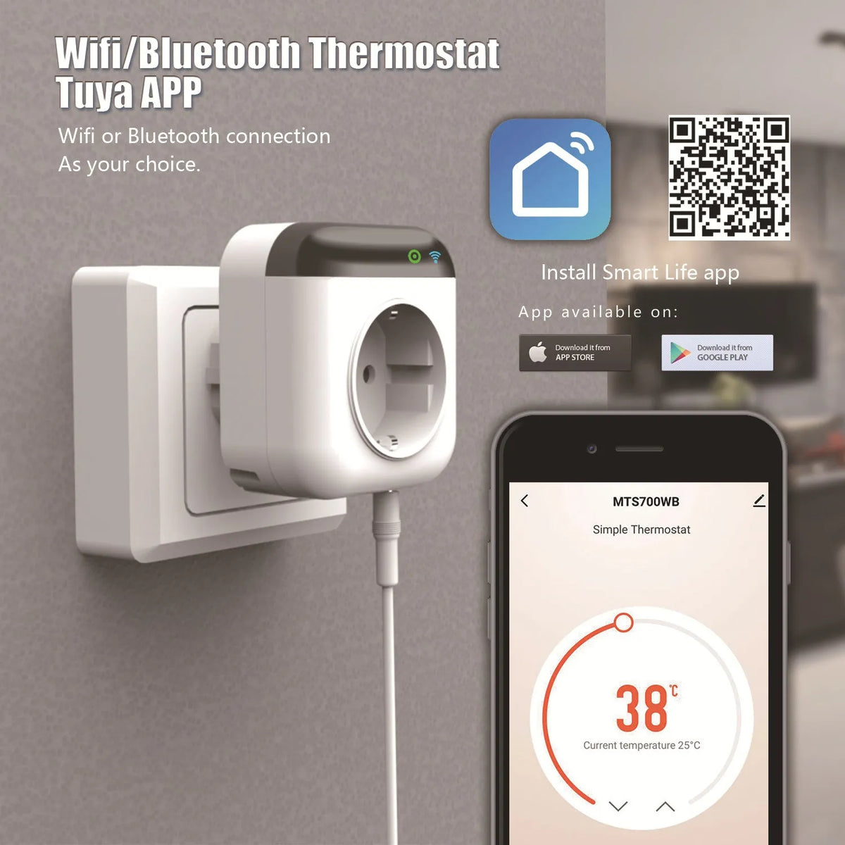 White Tuya WiFi smart temperature control socket with temperature sensor probe for US electrical outlets